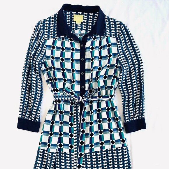 Anthropologie Maeve mini shirt dress Womens 6 geometric blue white preppy spring - Picture 4 of 11
